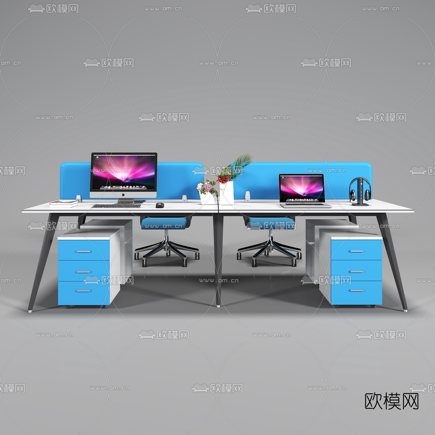 现代办公桌椅卡位3d模型下载（渲染图2）