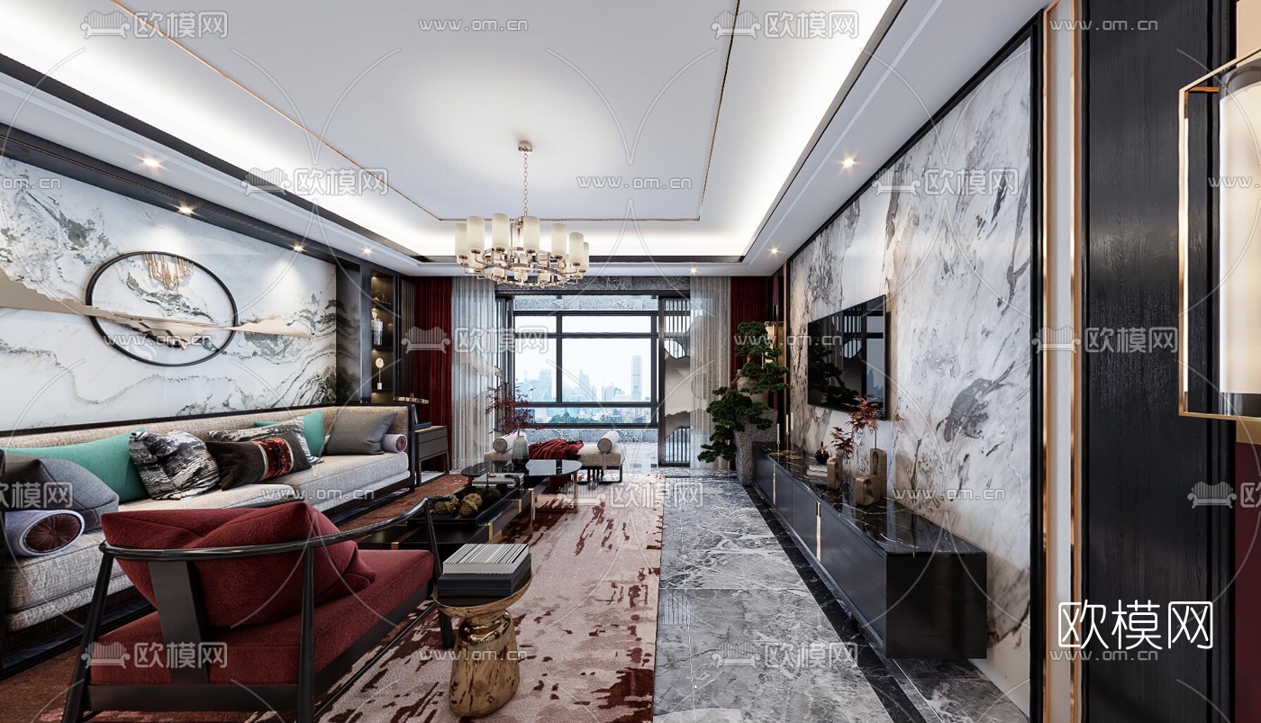 新中式轻奢客厅餐厅vr全景3d模型