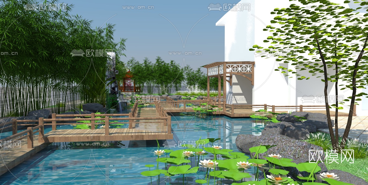 中式庭院景观su模型下载（渲染图1）