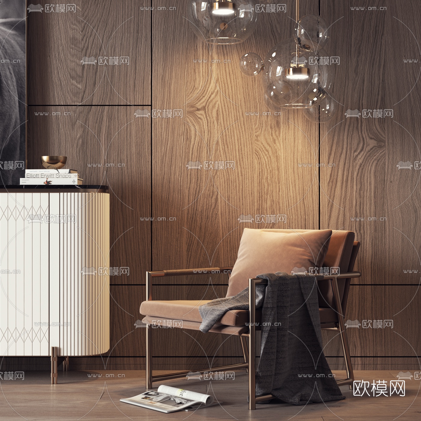 现代轻奢休闲椅边柜3d模型下载（渲染图2）