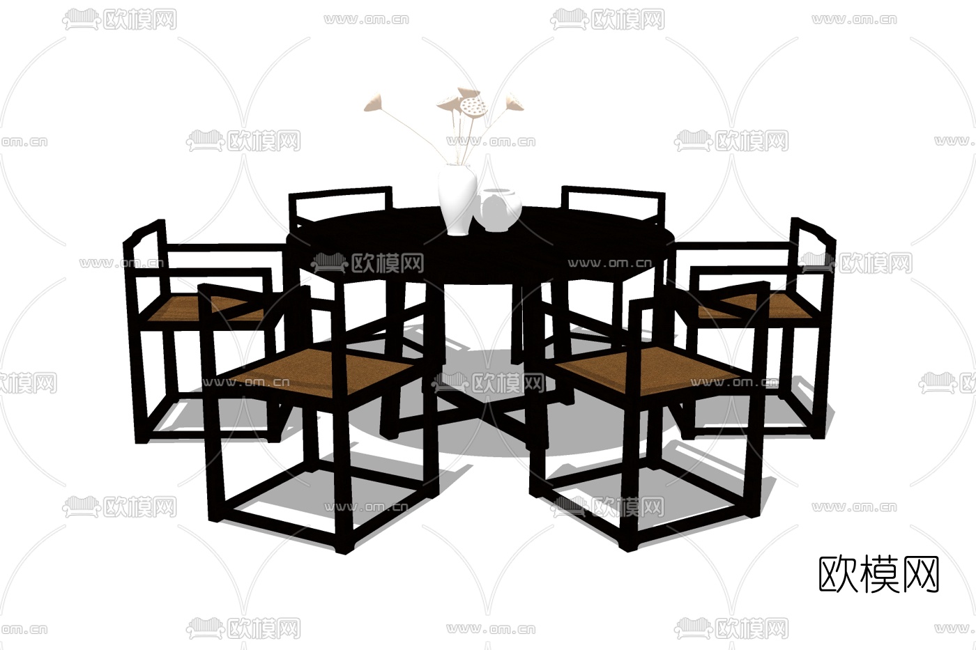 新中式实木圆形餐桌椅免费su模型下载