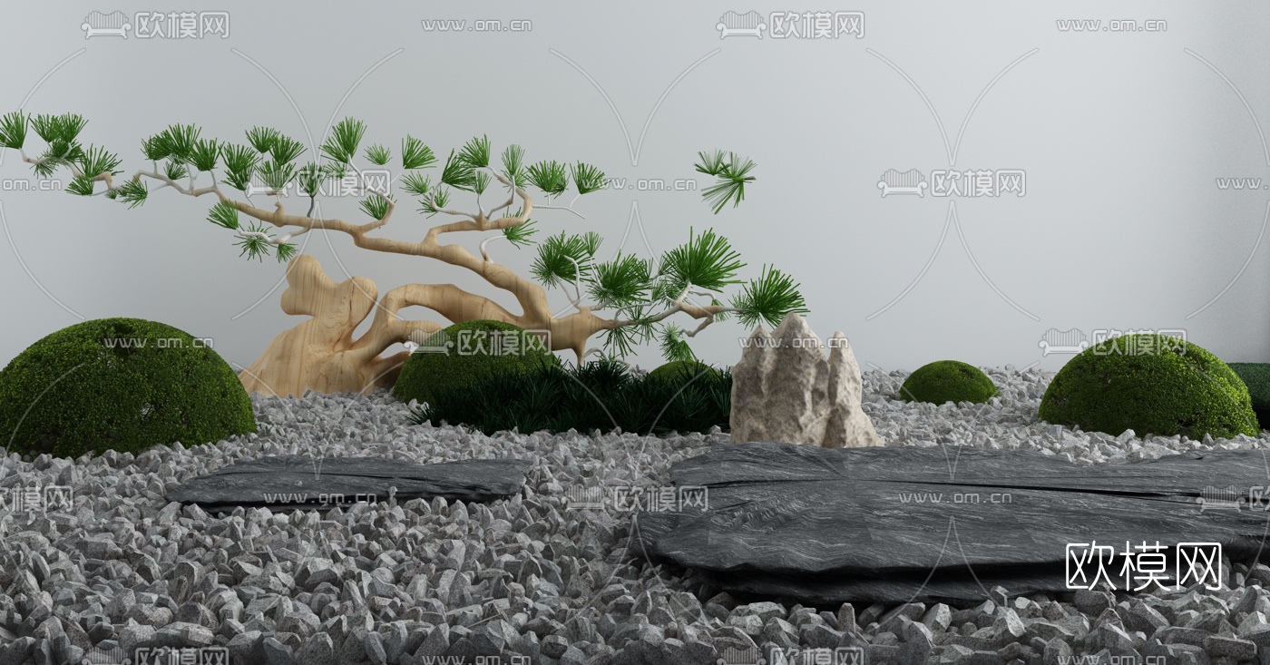 新中式松树山石景观小品3d模型