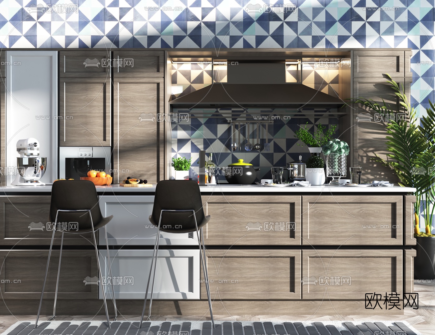 北欧实木橱柜中岛柜吧台3d模型下载