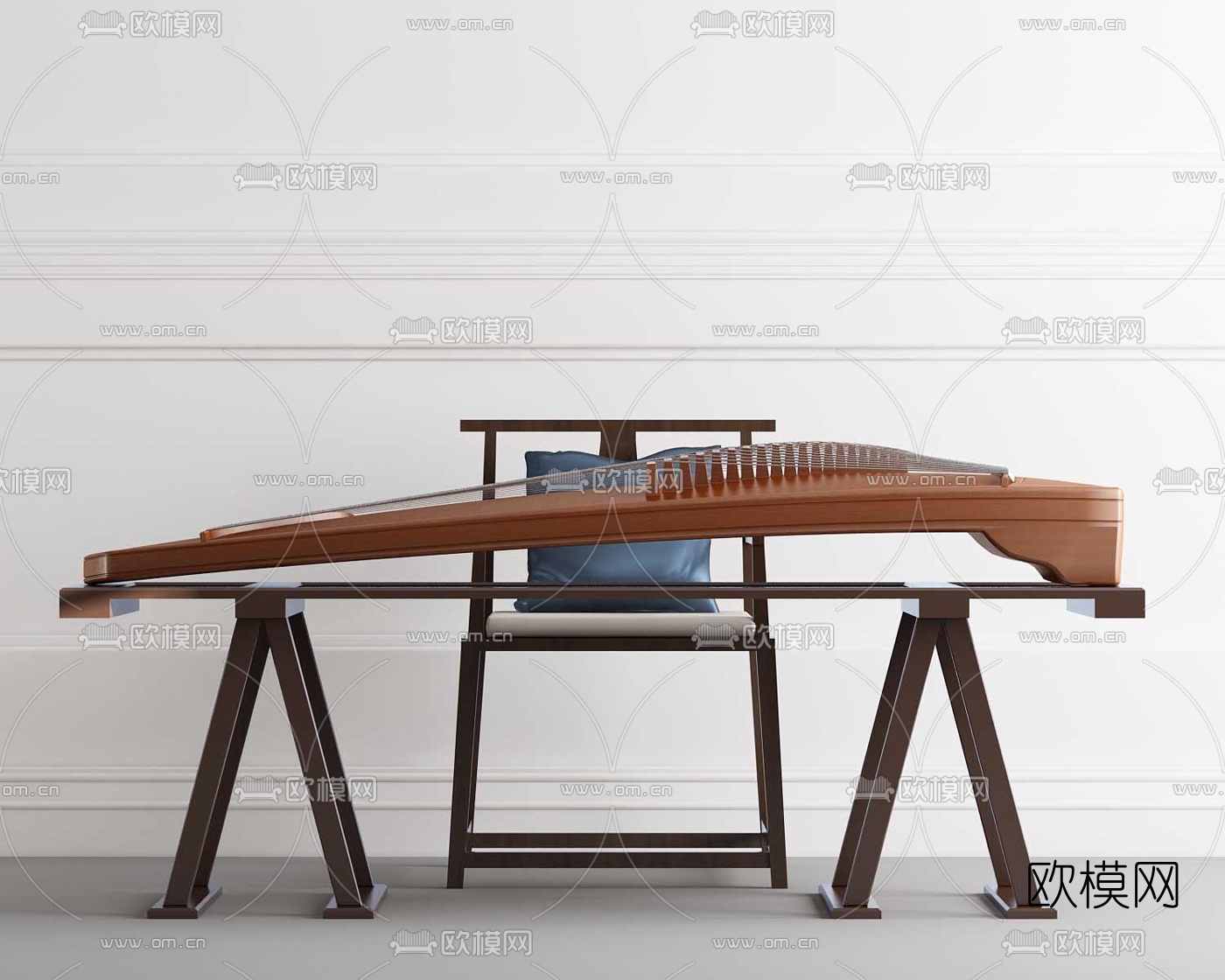 新中式古筝桌椅3d模型下载