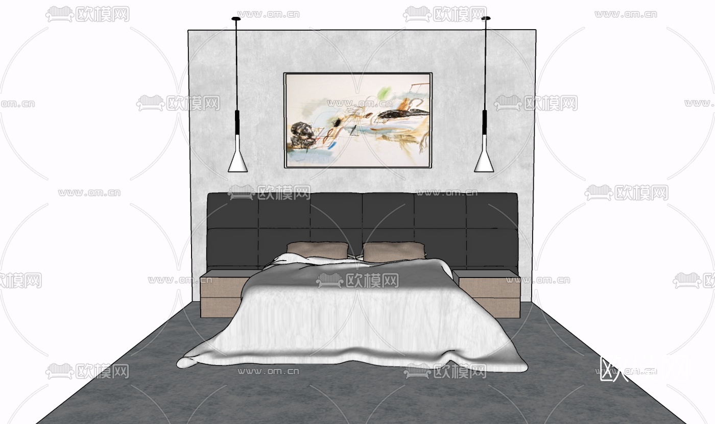 现代布艺双人床免费su模型下载