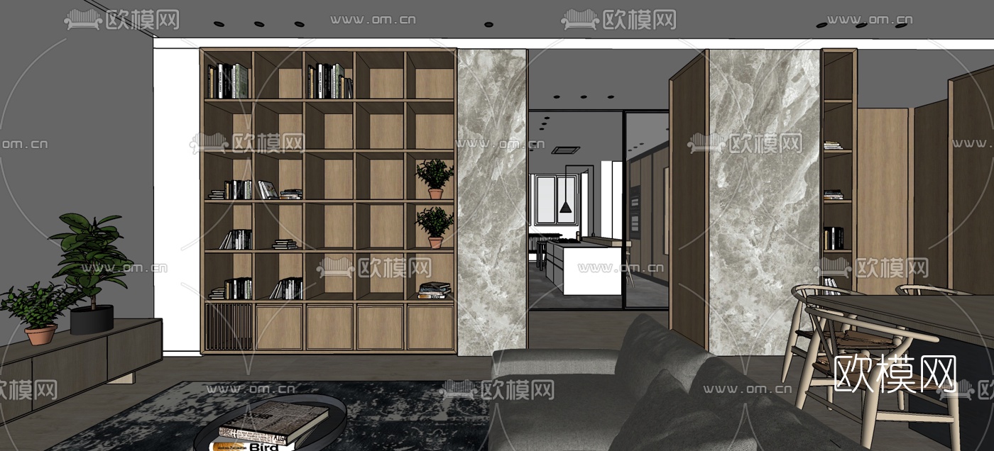 北欧公寓客厅餐厅su模型下载（渲染图1）