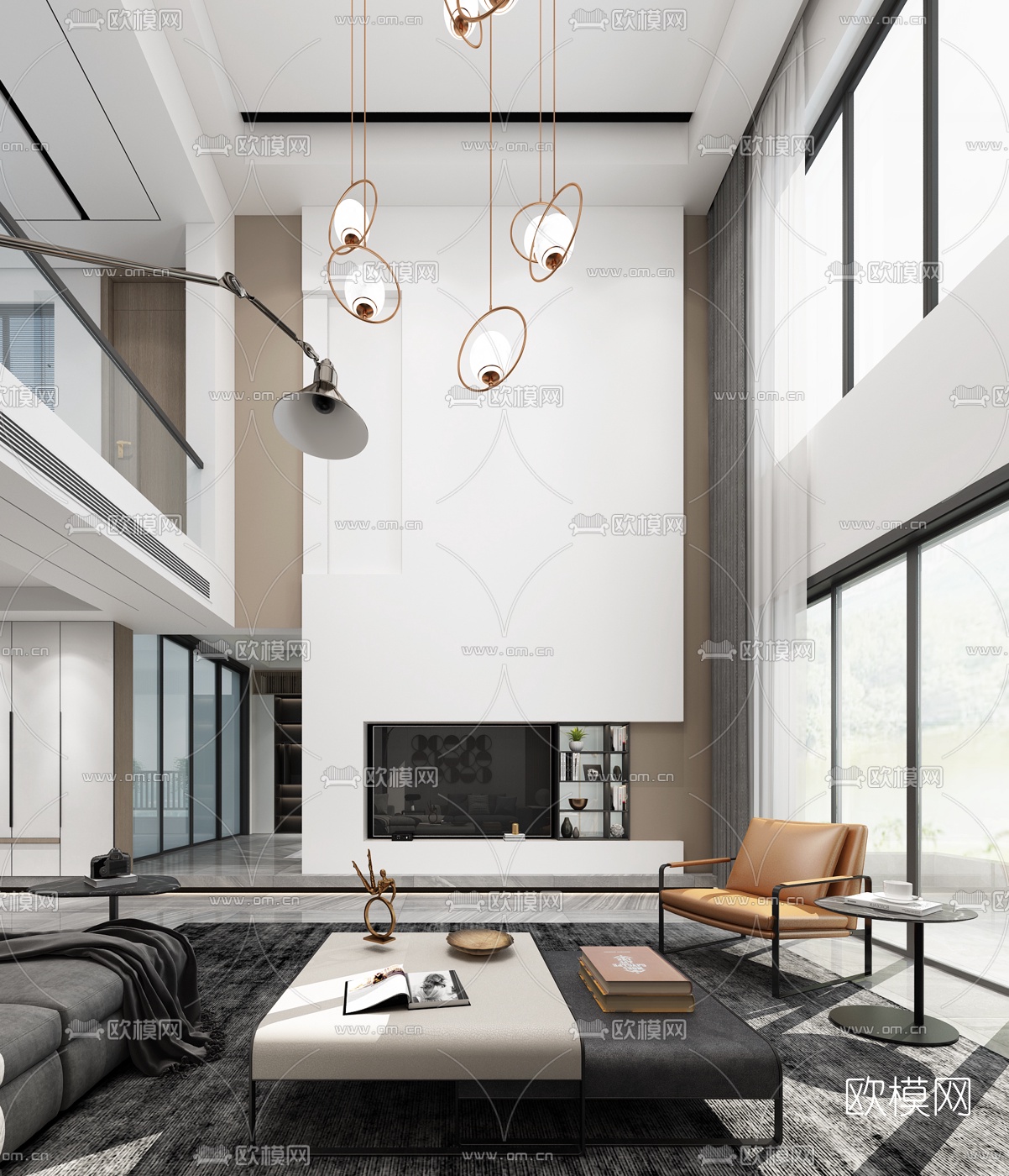 现代轻奢别墅大堂3d模型下载（渲染图2）