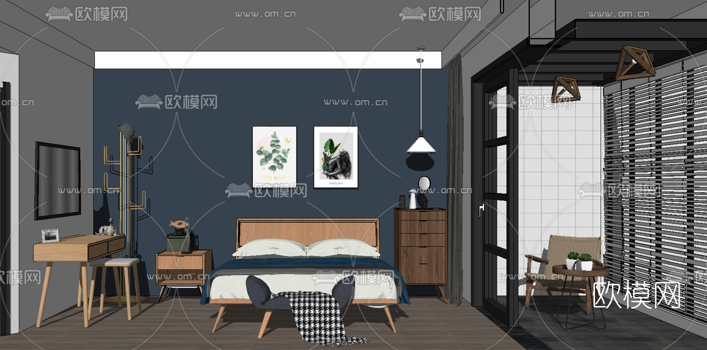 北欧卧室主人房su模型下载