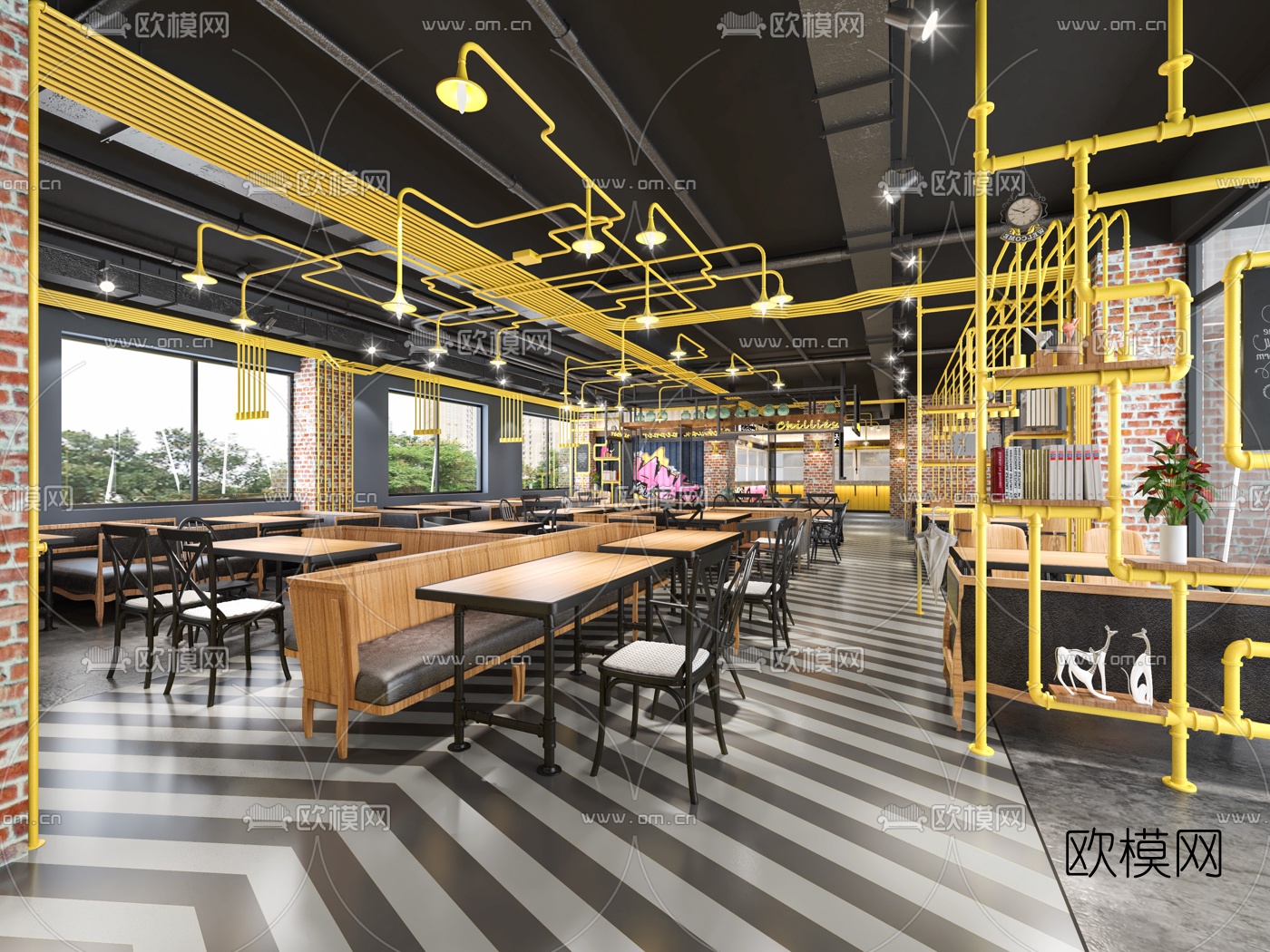 工业风员工餐厅3d模型下载（渲染图3）