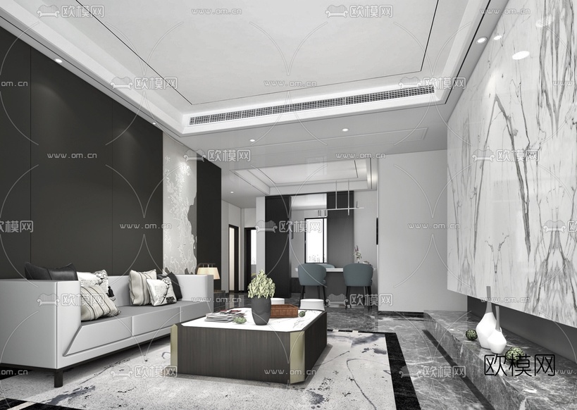 HCD柏年印象 新中式客厅餐厅3d模型下载