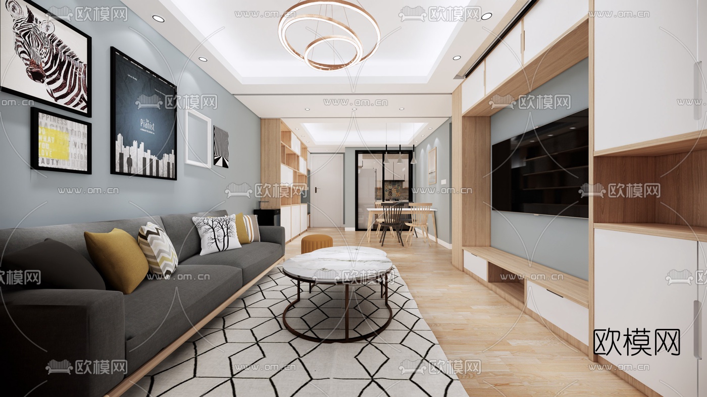 北欧客厅餐厅su模型下载（渲染图4）