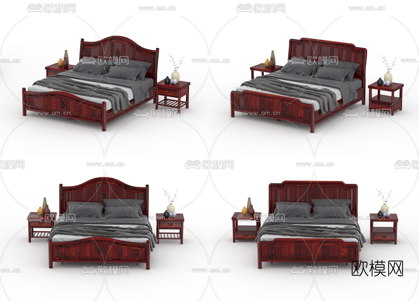 中式红木双人床3d模型下载