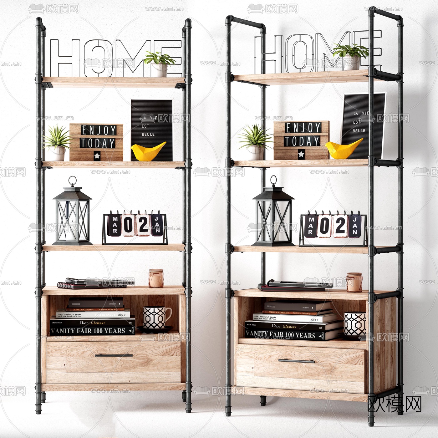 工业风铁艺实木置物架3d模型下载