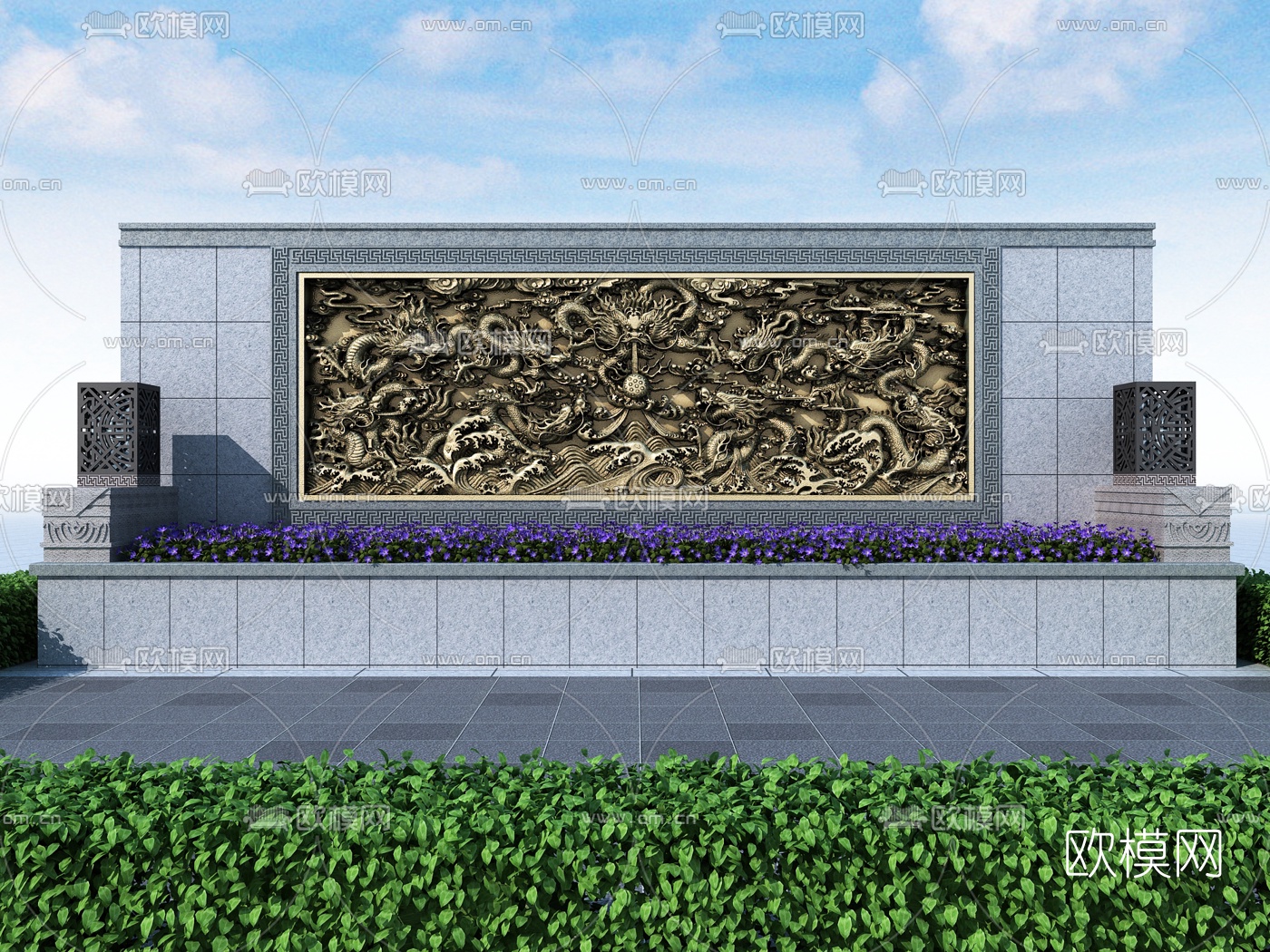 新中式金属龙图腾雕花园艺小品3d模型下载