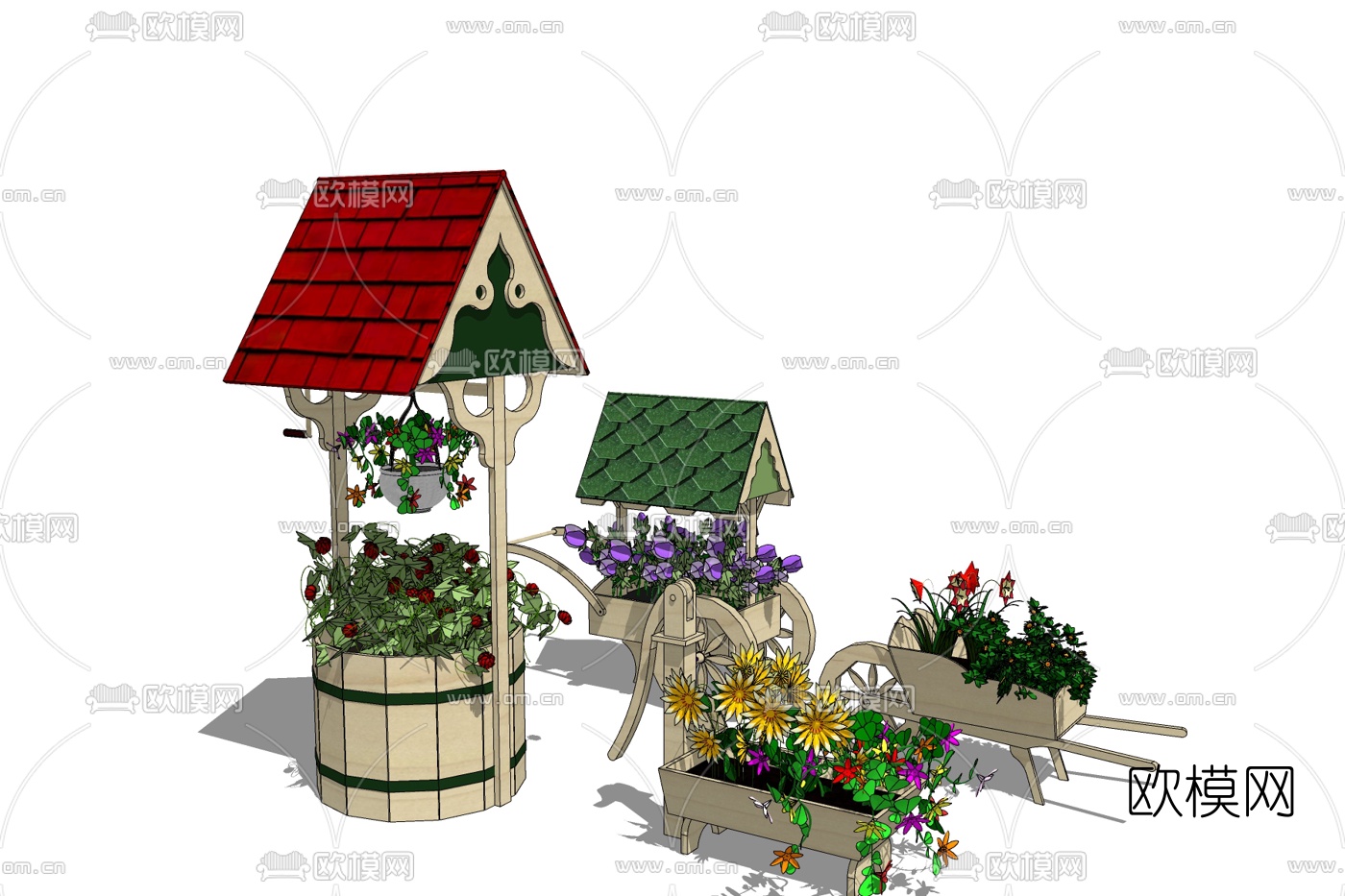 北欧实木花架花车免费su模型下载