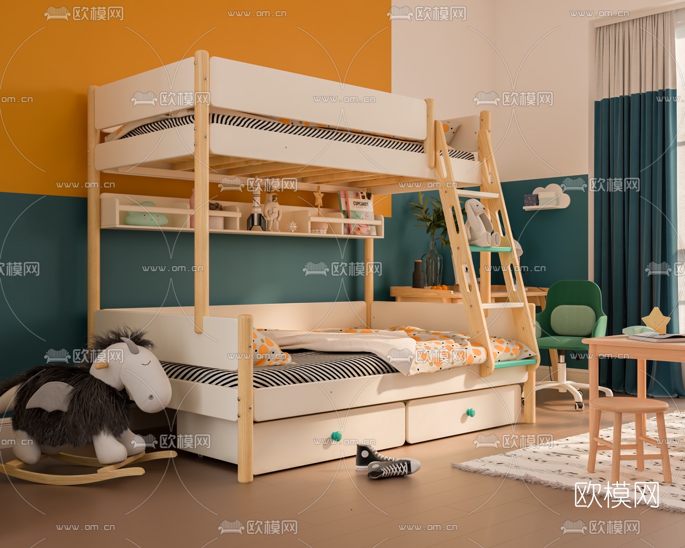 北欧上下铺儿童床3d模型下载（渲染图2）