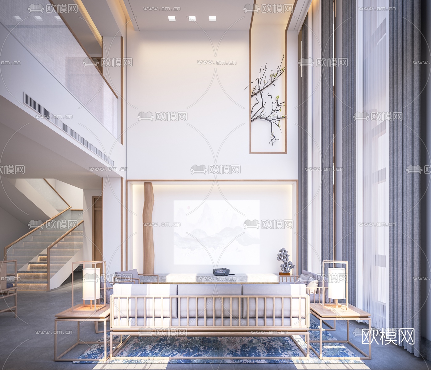 新中式轻奢别墅大堂餐厅3d模型