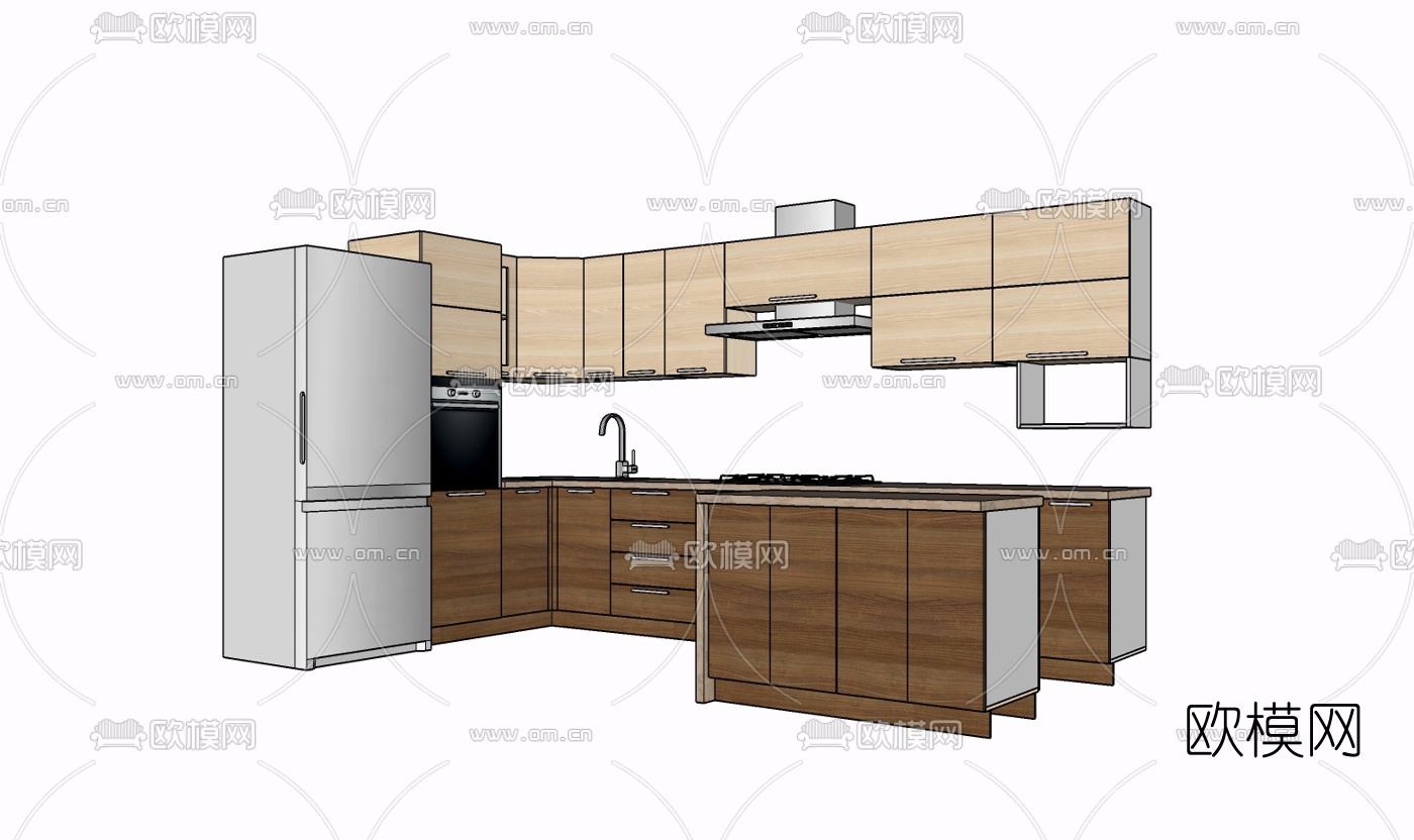 现代实木橱柜免费su模型下载