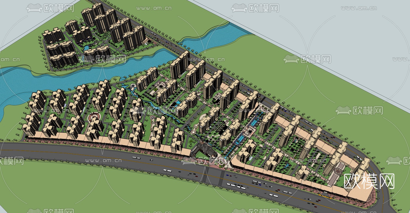 简欧住宅小区外观su模型下载（渲染图3）