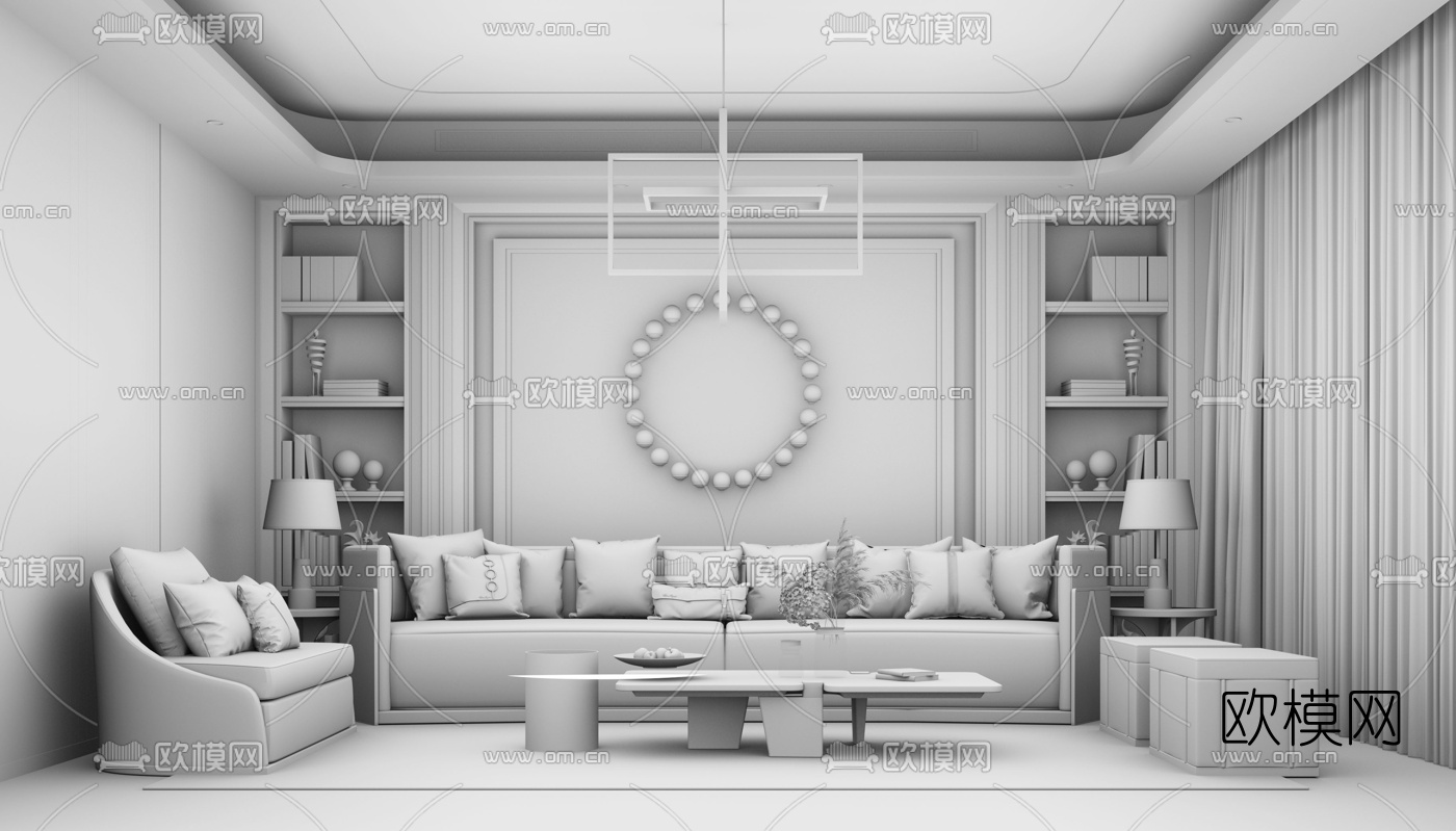 现代轻奢客厅su模型下载（渲染图3）