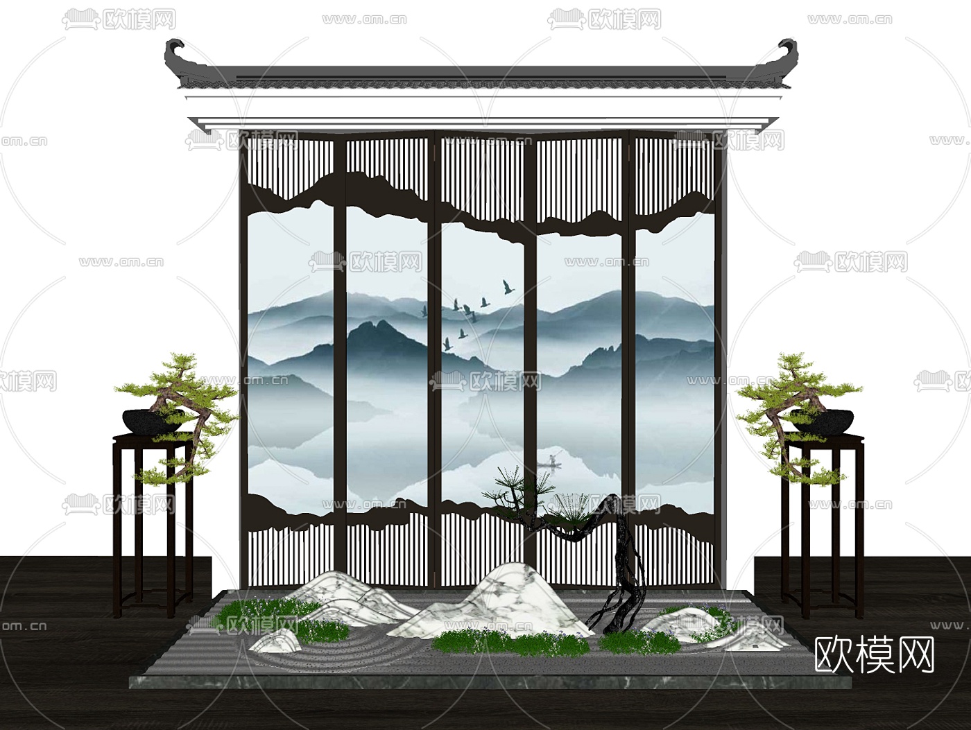 新中式马头墙假山景观小品su模型