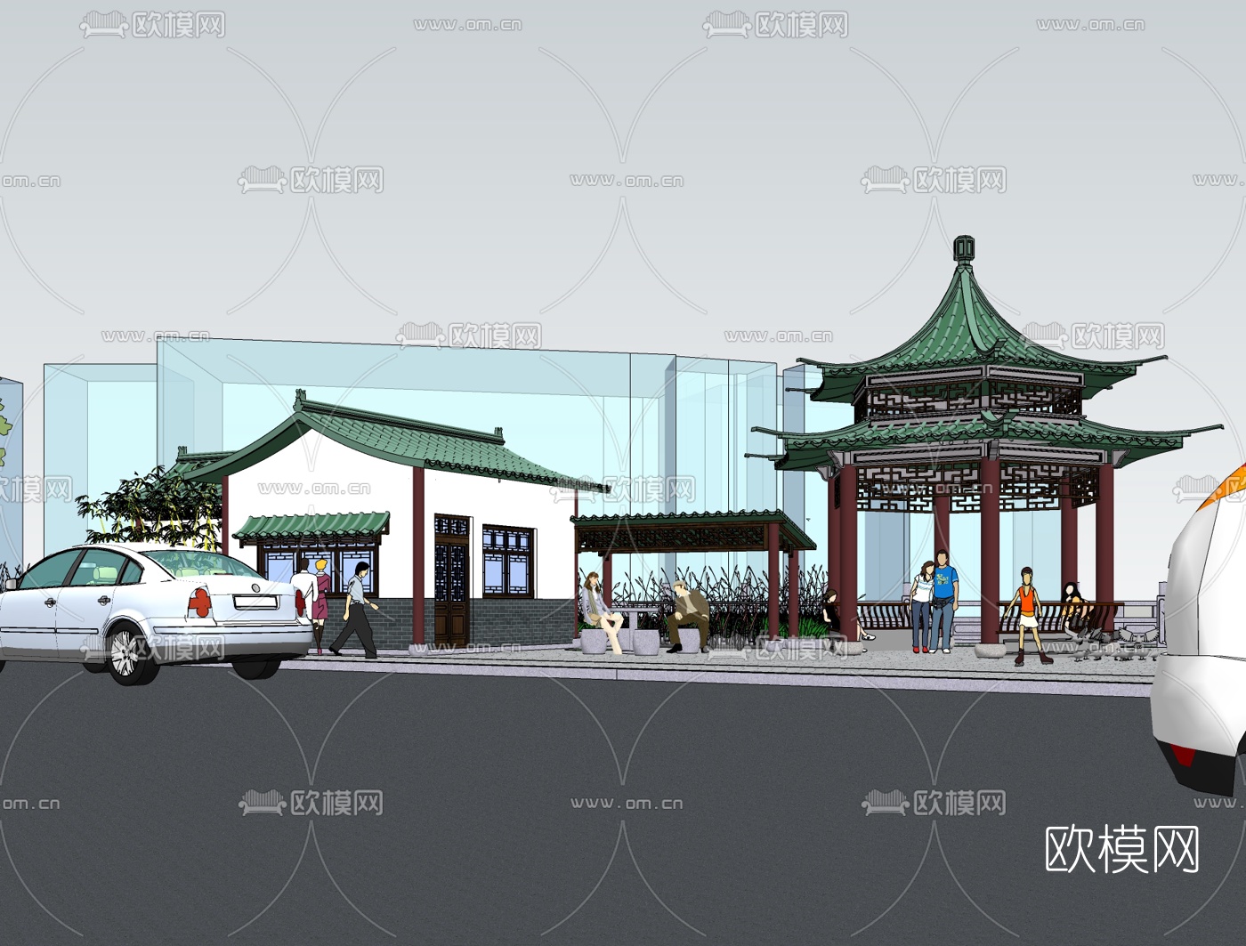 中式广场景观免费su模型下载