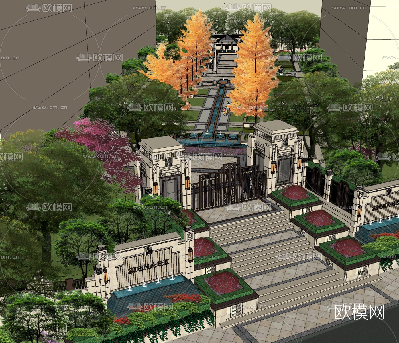 欧式住宅小区园林su模型下载（渲染图1）