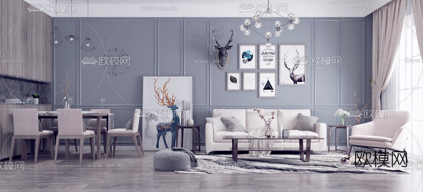 北欧客厅餐厅3d模型下载（渲染图1）