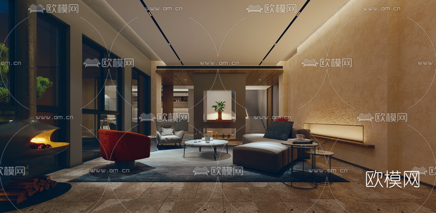 现代民宿大堂餐厅过道3d模型下载（渲染图1）