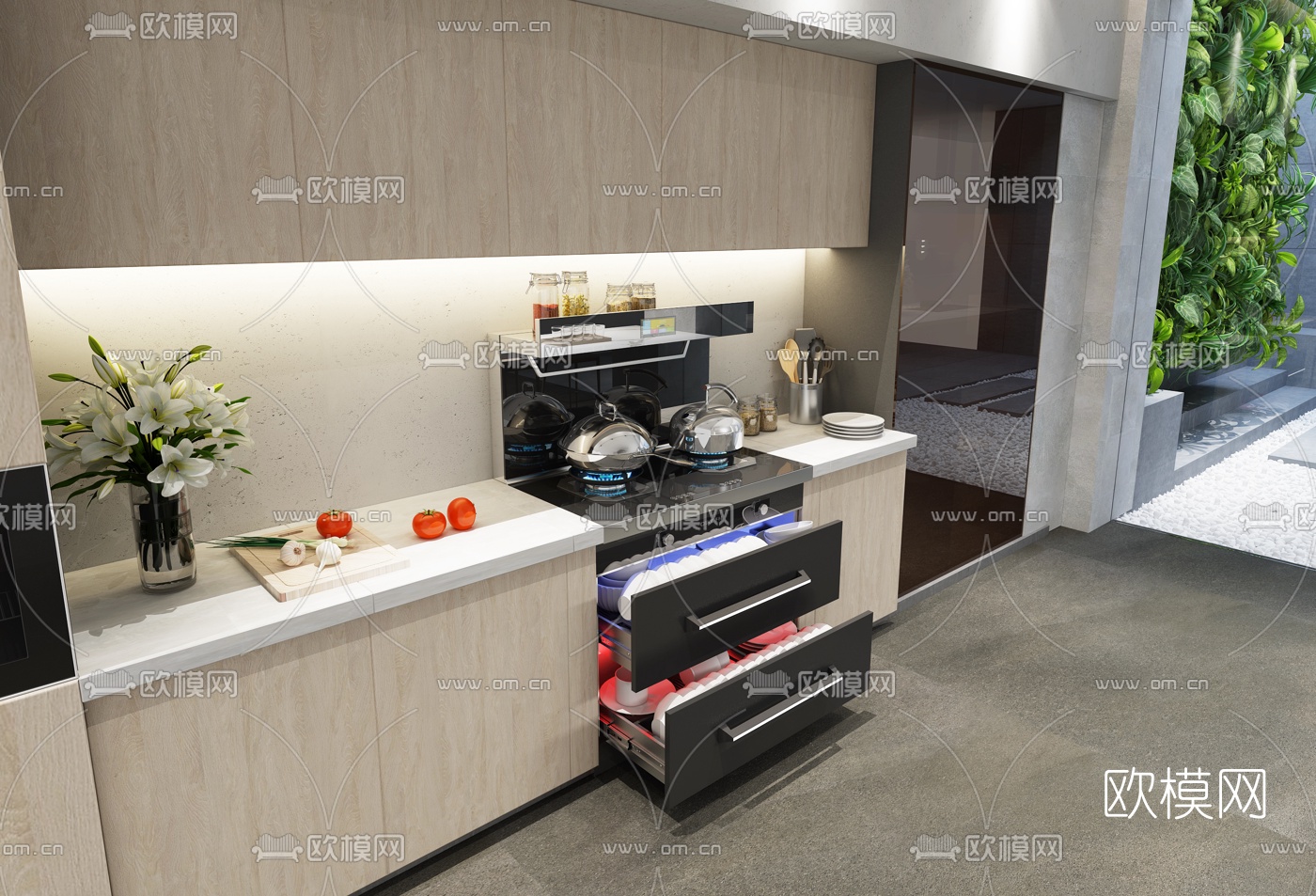 现代厨房橱柜集成灶3d模型