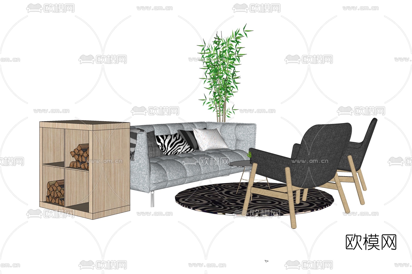 北欧布艺组合沙发免费su模型下载
