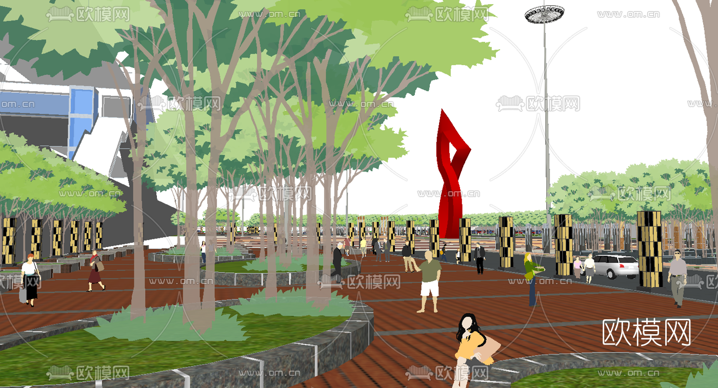 现代公交车站停车场su模型下载（渲染图2）