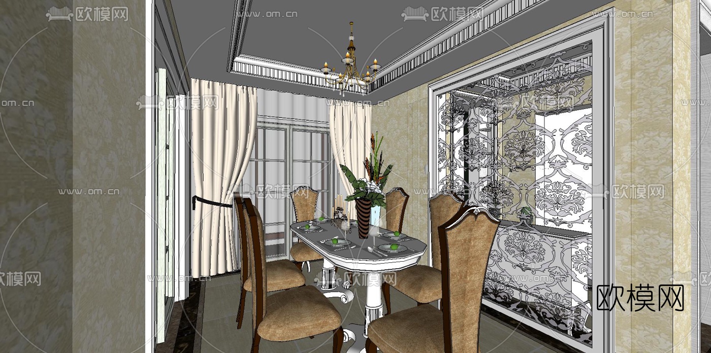 简欧客厅su模型下载（渲染图2）