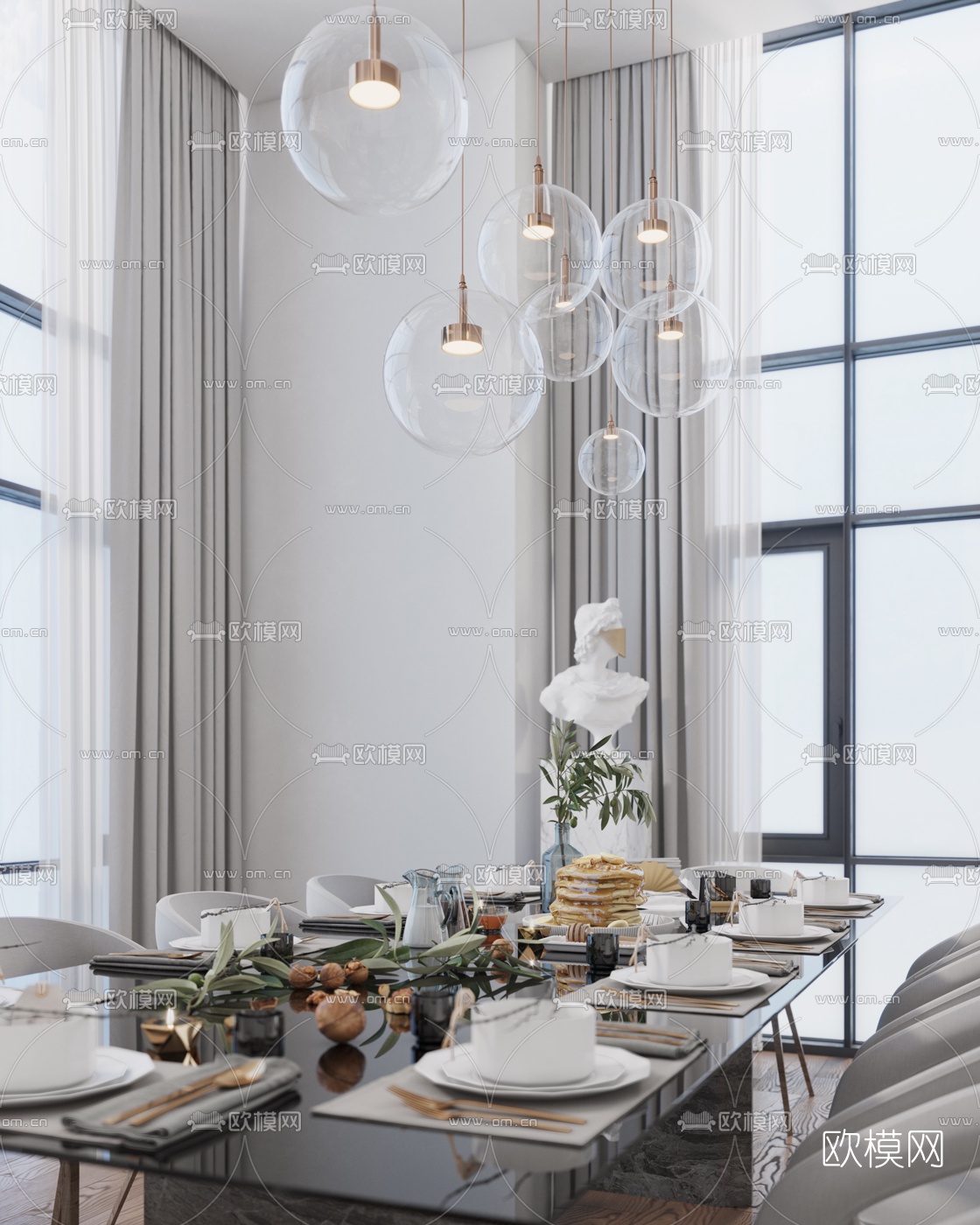 现代条形餐桌椅3d模型