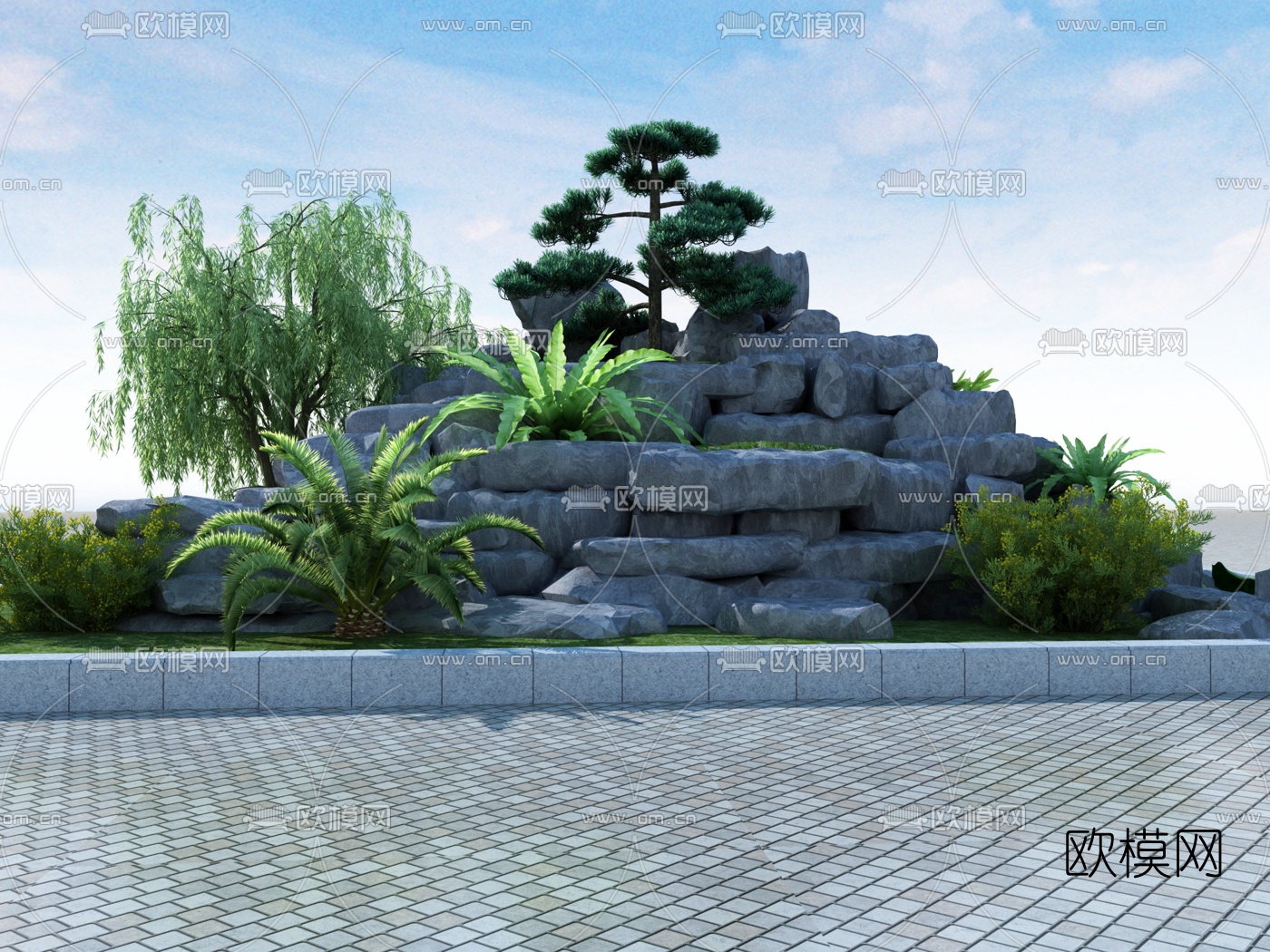 中式假山水池石头植物小品3d模型下载（渲染图3）