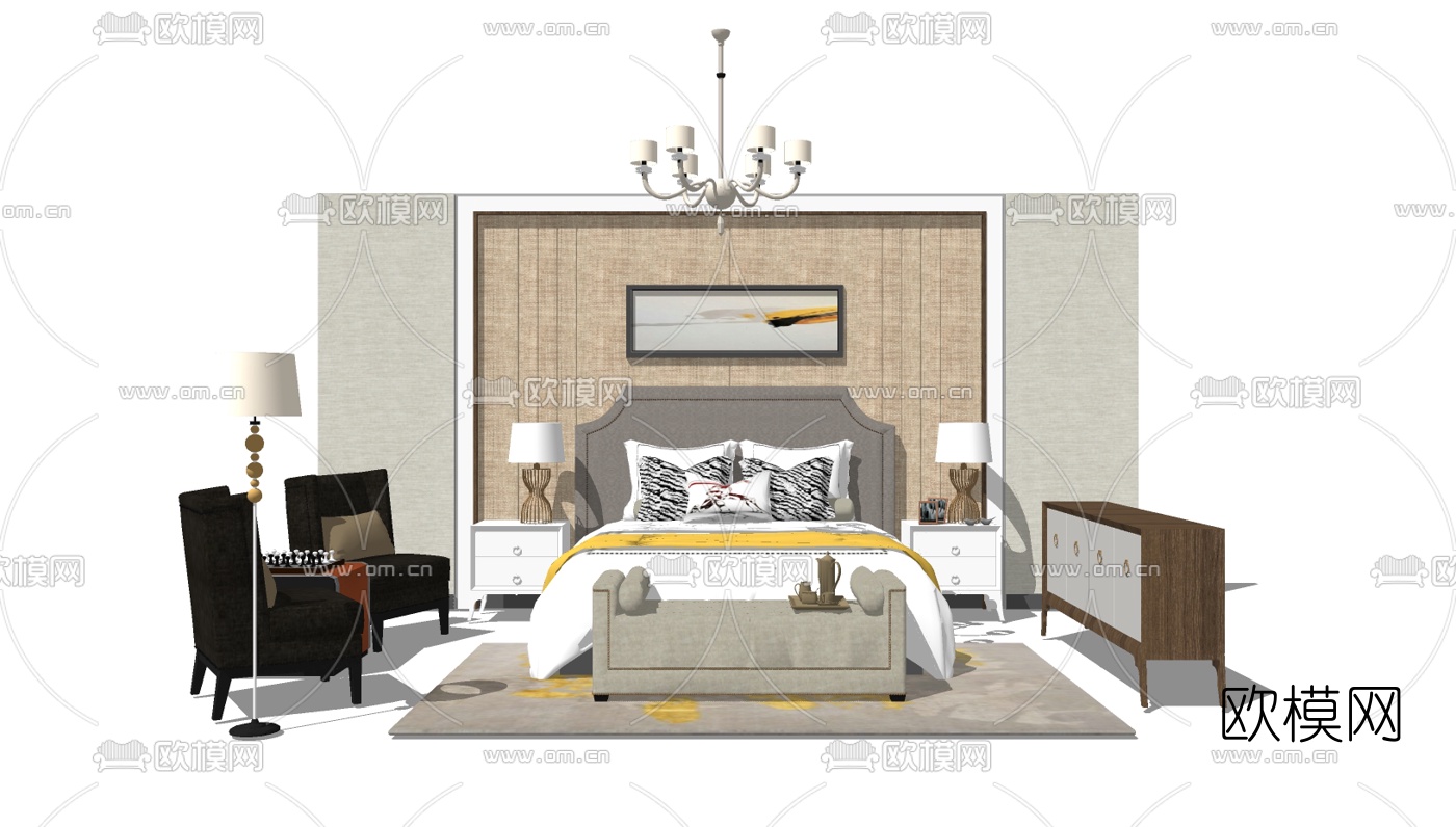 简欧布艺双人床su模型下载