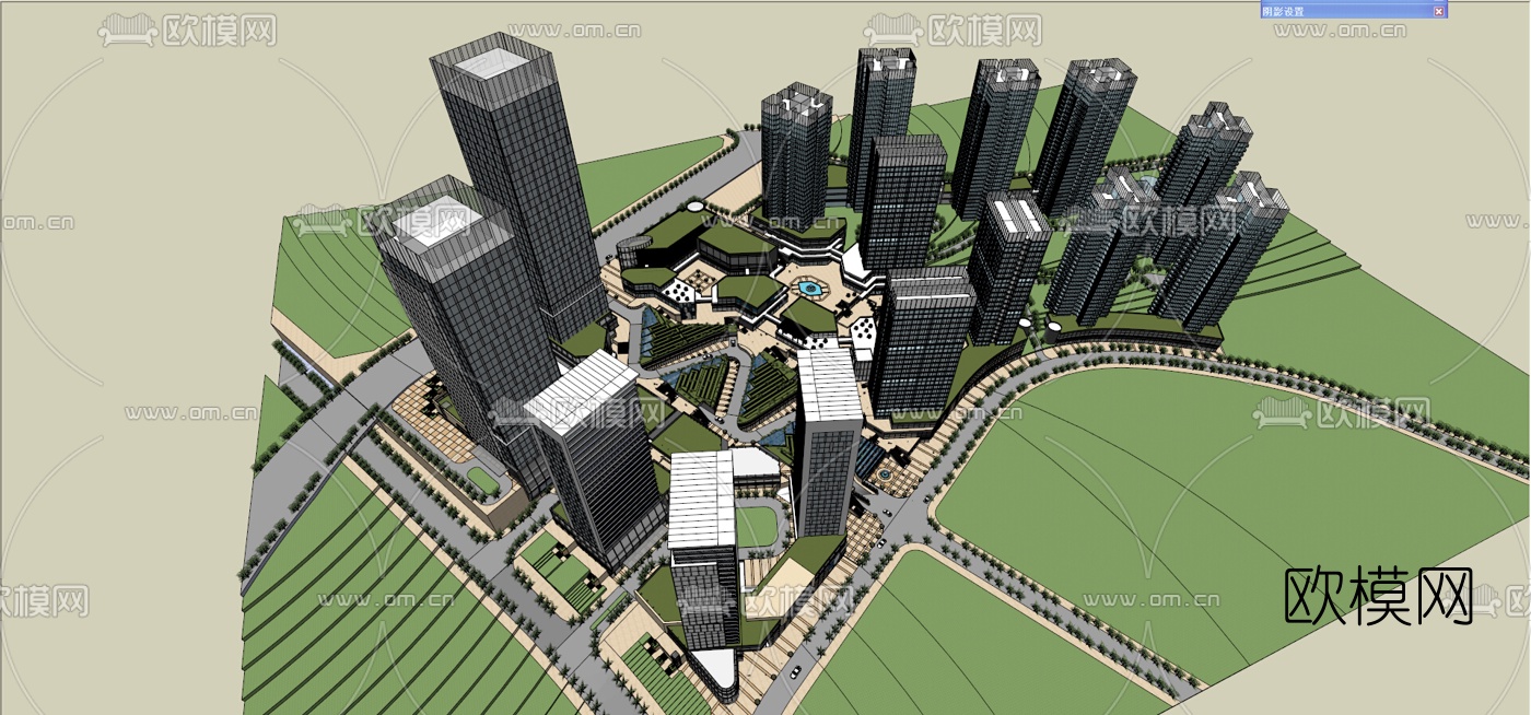 现代商业区规划免费su模型下载（渲染图1）