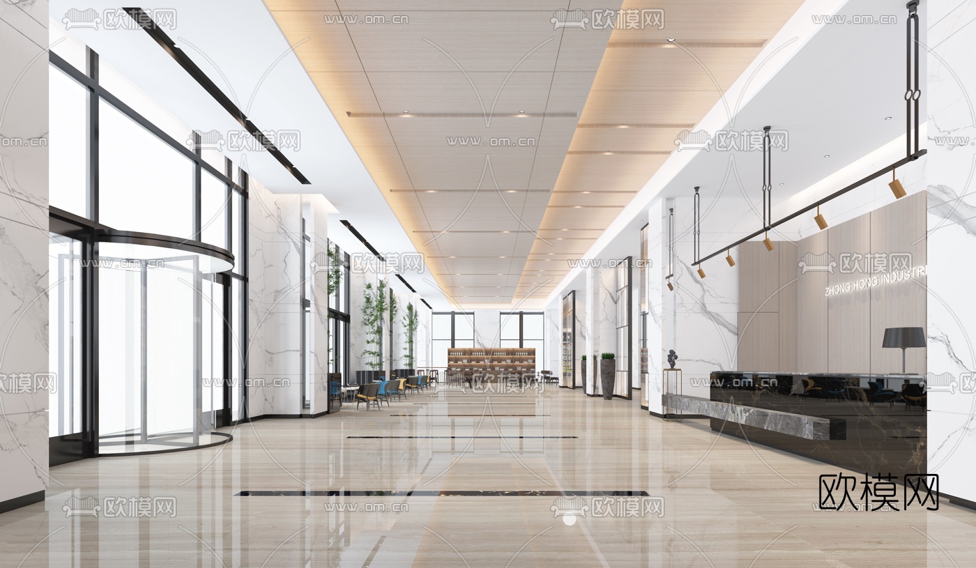 现代办公楼写字楼前台大堂3d模型下载（渲染图1）