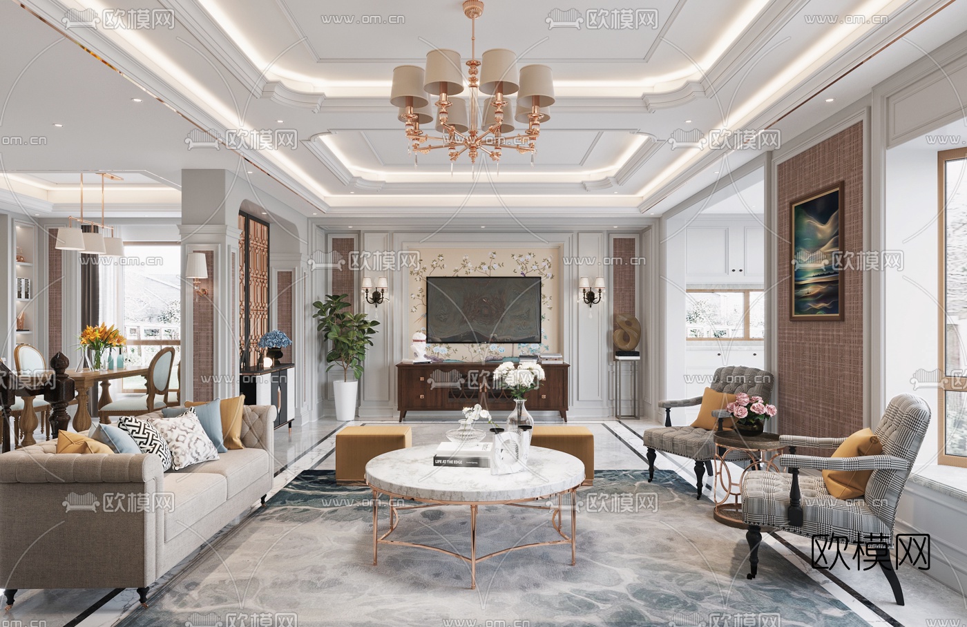 欧式别墅客厅餐厅3d模型下载（渲染图1）