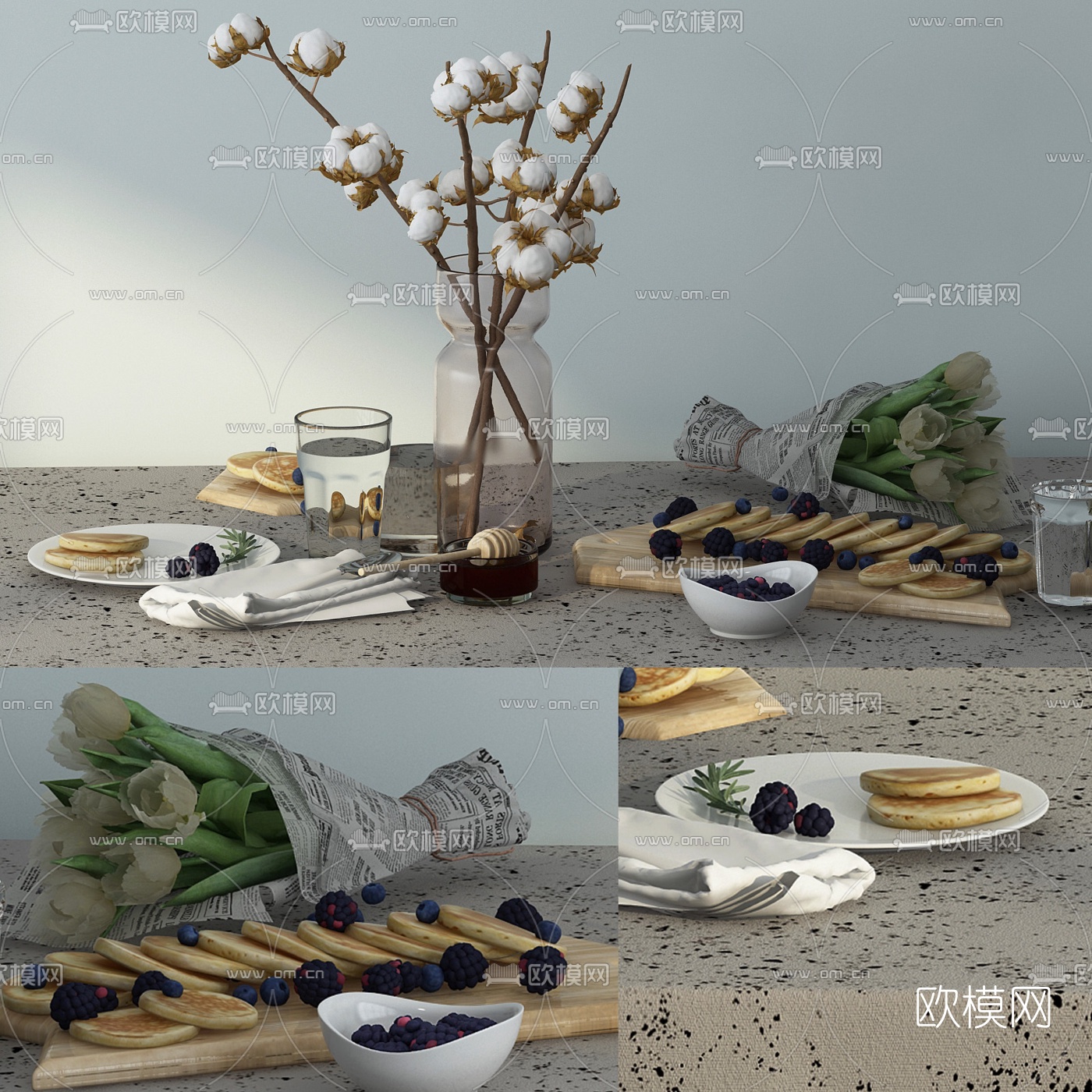 北欧桌面摆件鲜花食物组合3d模型