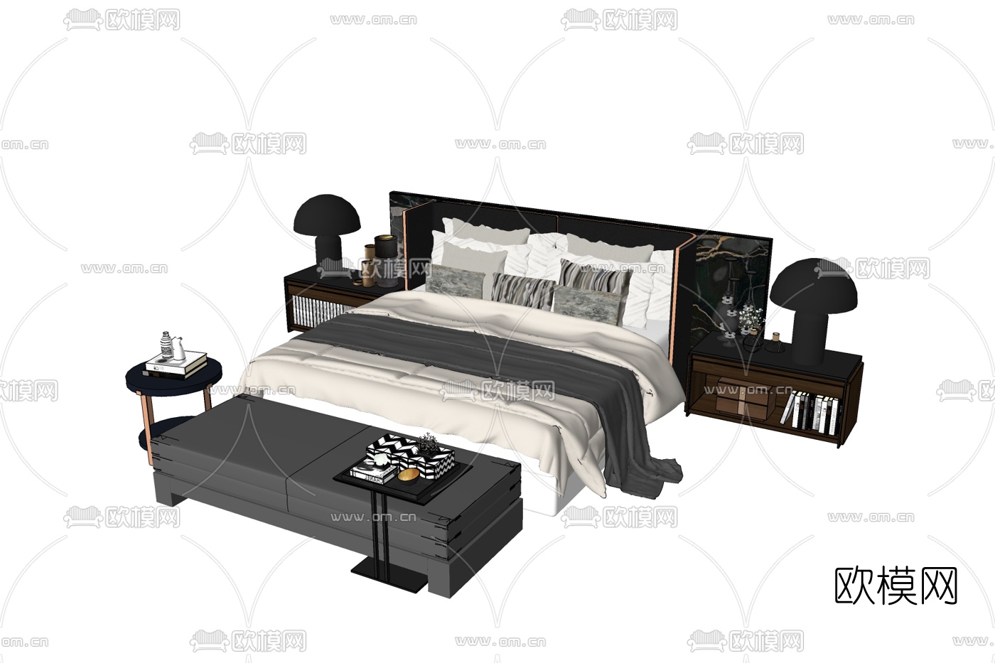 现代布艺双人床免费su模型下载