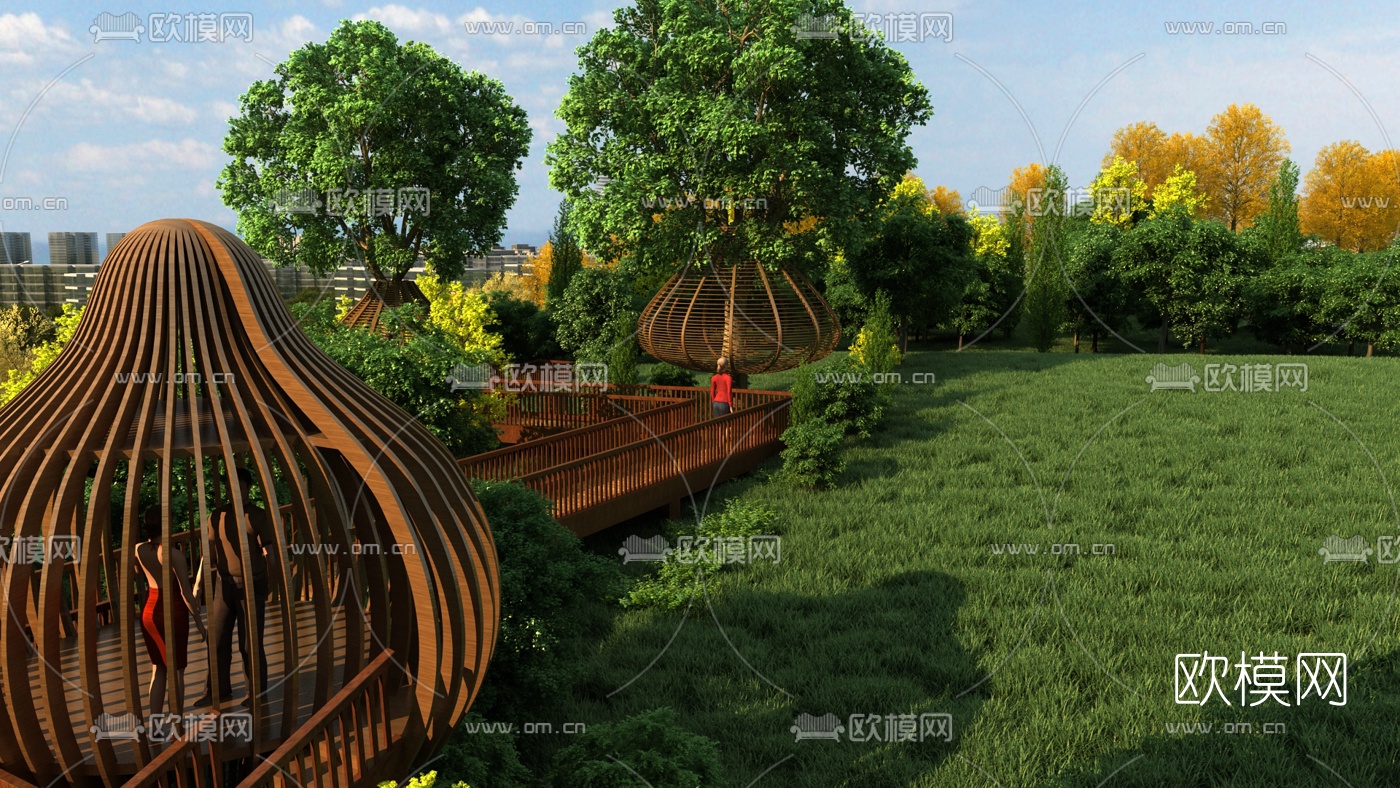 现代栈道公园景观3d模型下载（渲染图2）