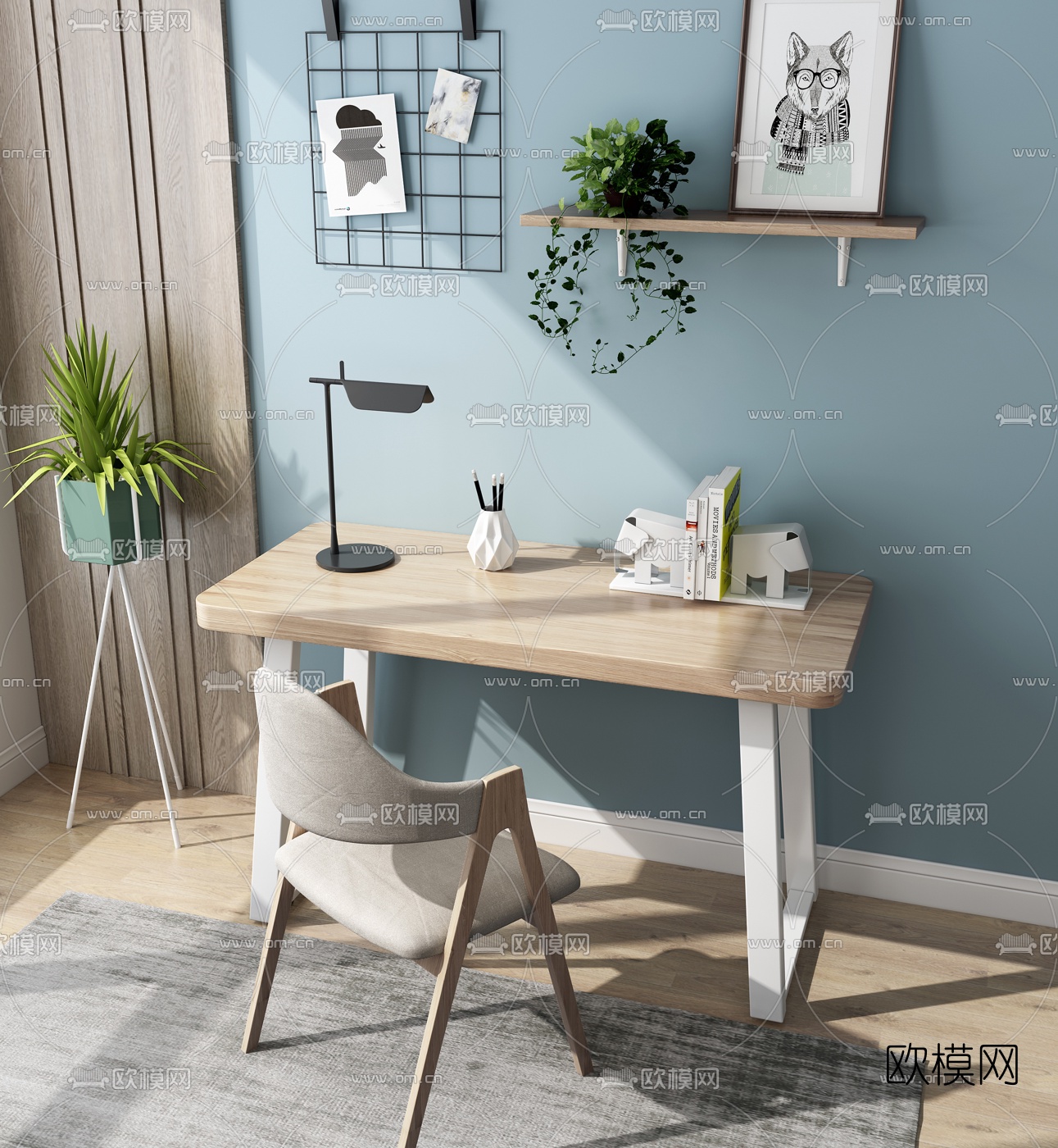 北欧原木书桌椅3d模型下载（渲染图2）