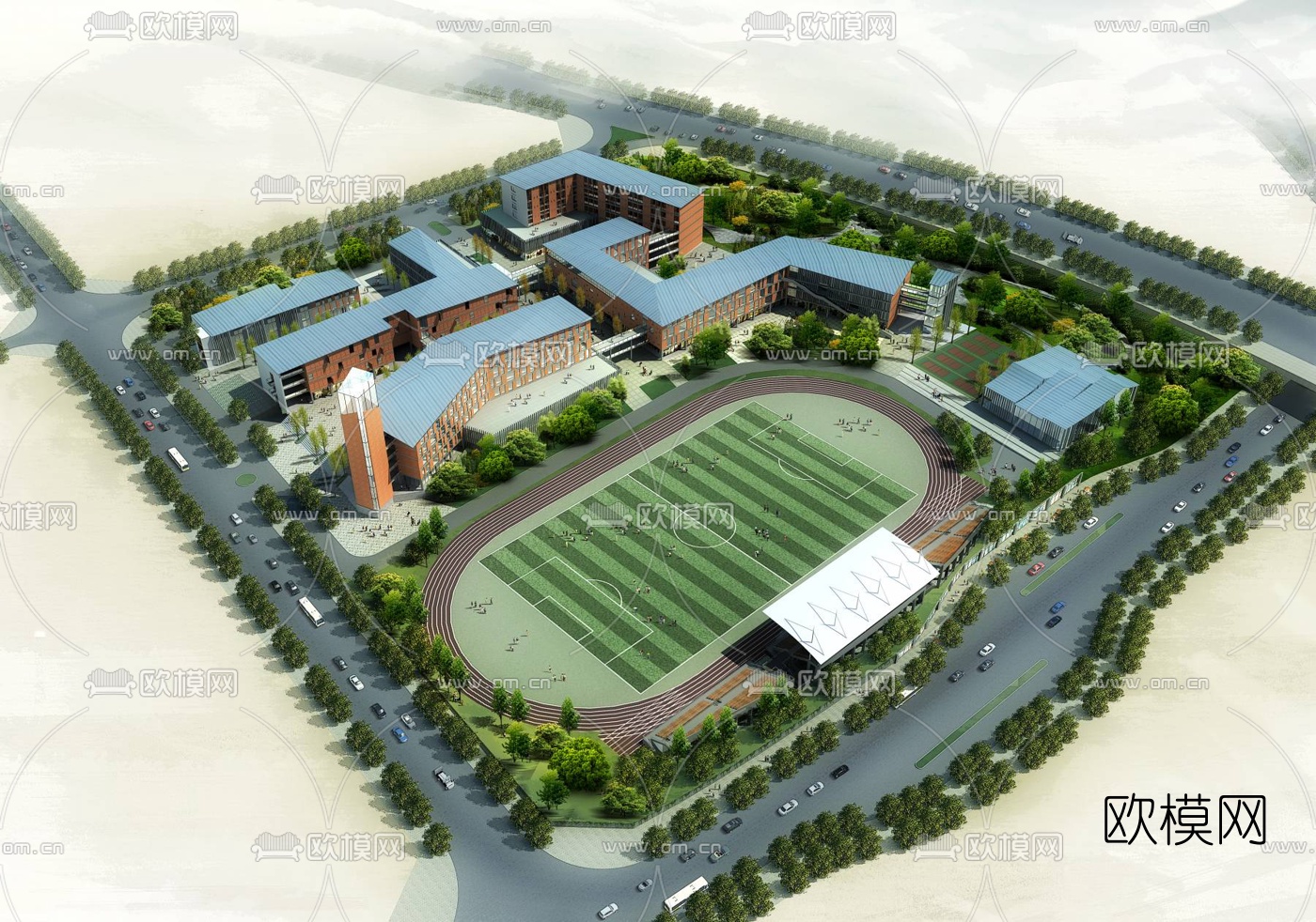 现代学校鸟瞰3d模型下载（渲染图1）