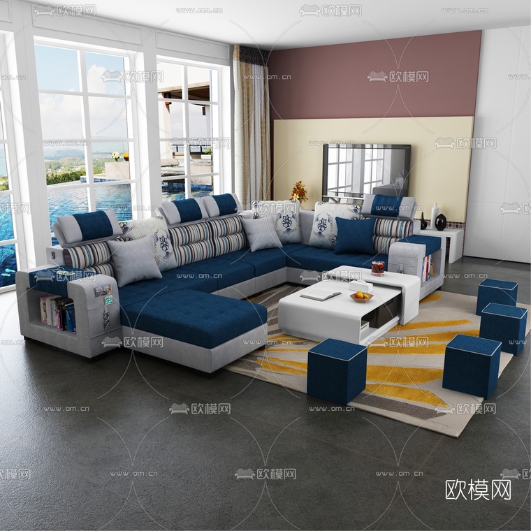 现代布艺转角组合沙发3d模型-免费3dmax模型库-欧模网