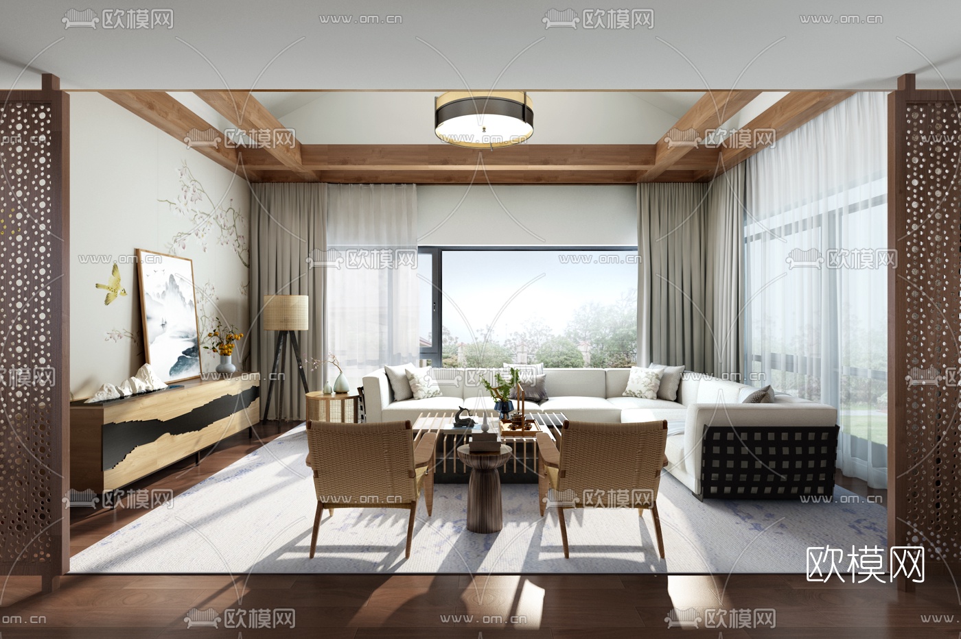 方磊设计 新中式客厅餐厅3d模型