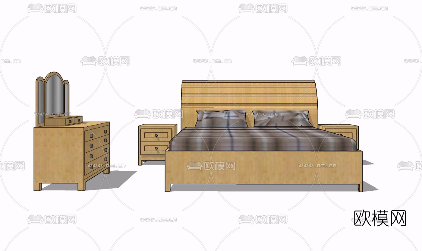 现代实木双人床免费su模型下载