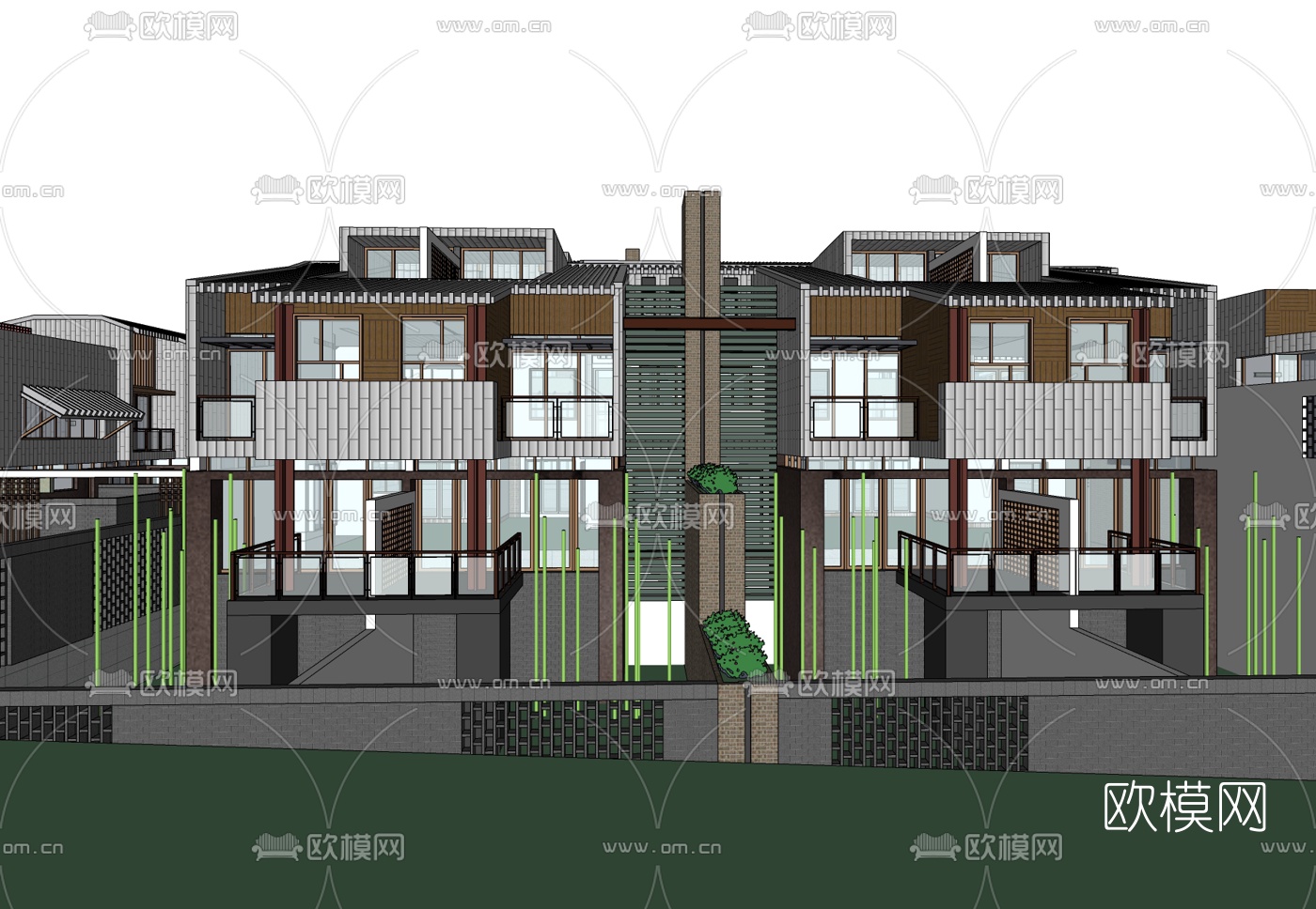 新中式别墅外观免费su模型下载