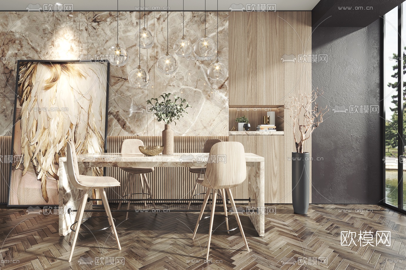 现代轻奢大理石餐吧台组合d模型下载（渲染图1）