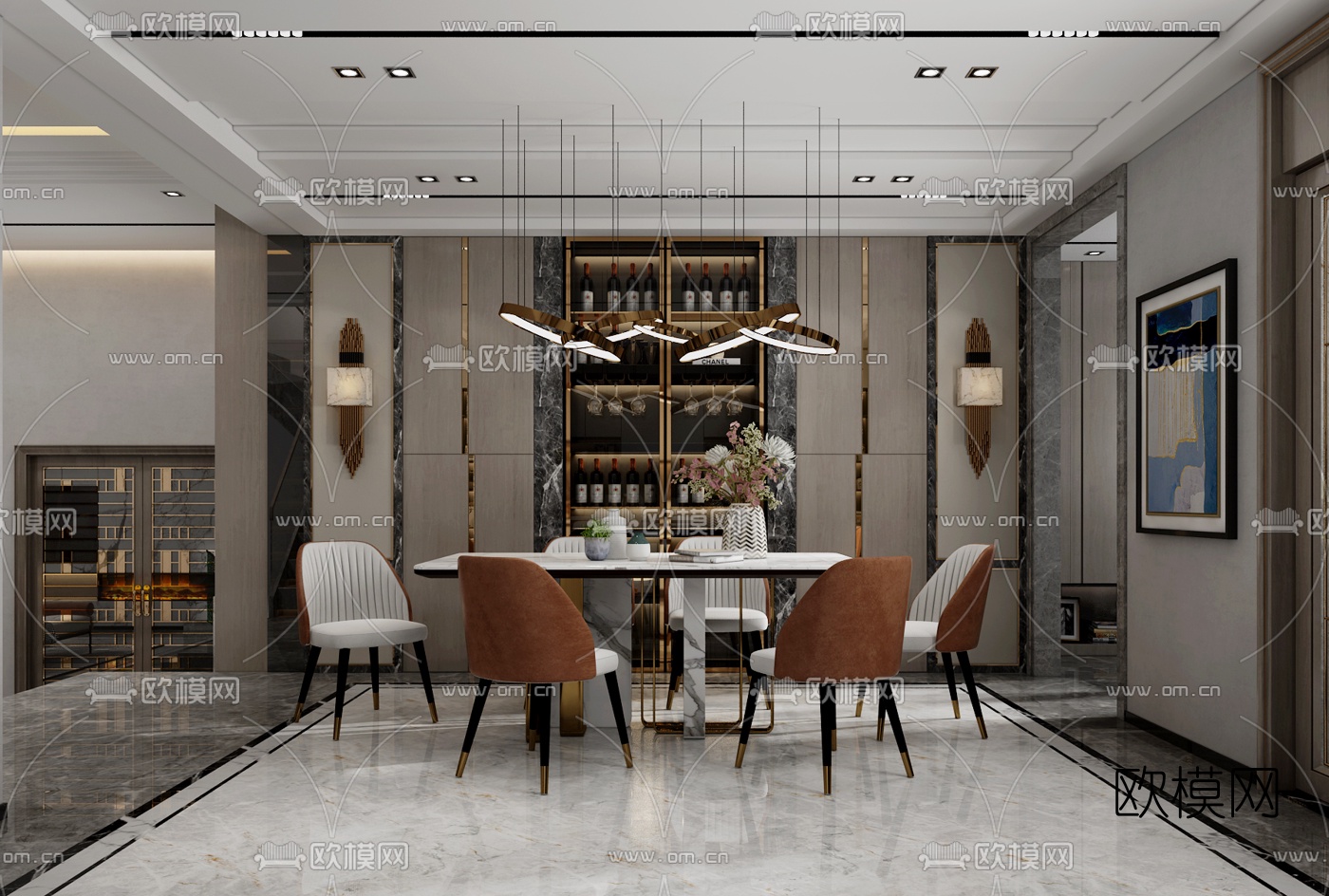 现代别墅客厅餐厅3d模型